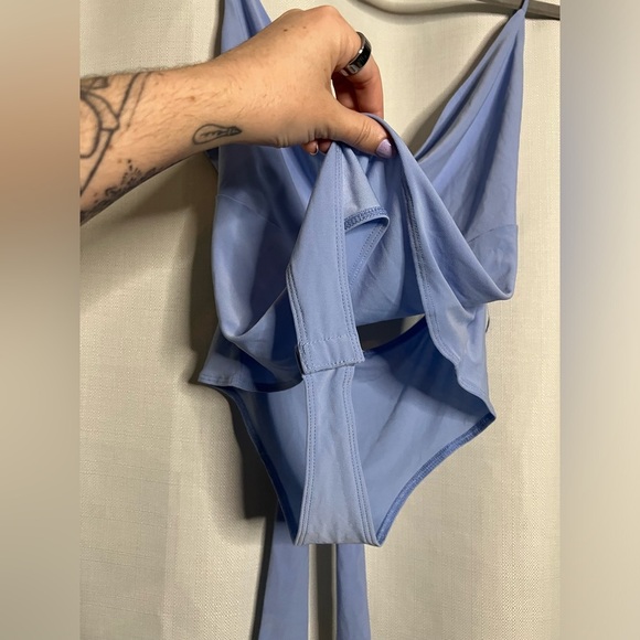 Lily Star Periwinkle Blue Cowl Neck Tie Back Bodysuit - Picture 5 of 8